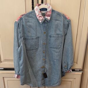 Denim Button Down with Faux Louis Vuitton Pink Accents